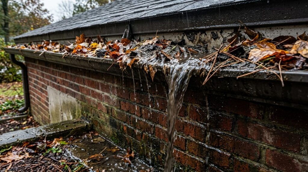 Close-up detailed view of clogged gutters filled with autumn